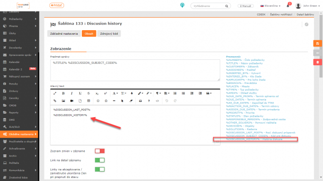 Nastavenie šablóny s premennou %DISCUSION_HISTORY% na zobrazenie histórie diskusie