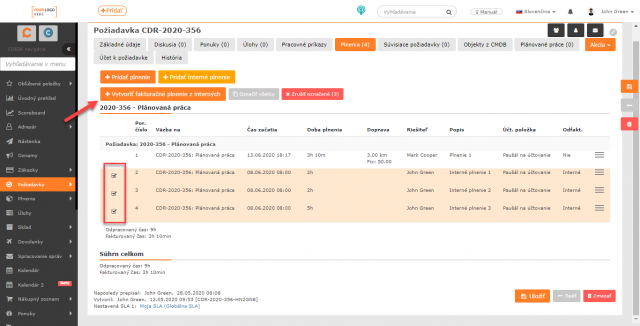 Označenie viacerých interných plnení, z ktorých bude vytvorené jedno fakturačné plnenie