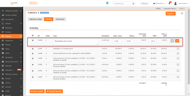 Úprava položiek na vystavenej faktúre
