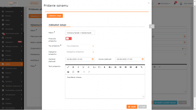 Zadávanie oznamu z plánovanej práce