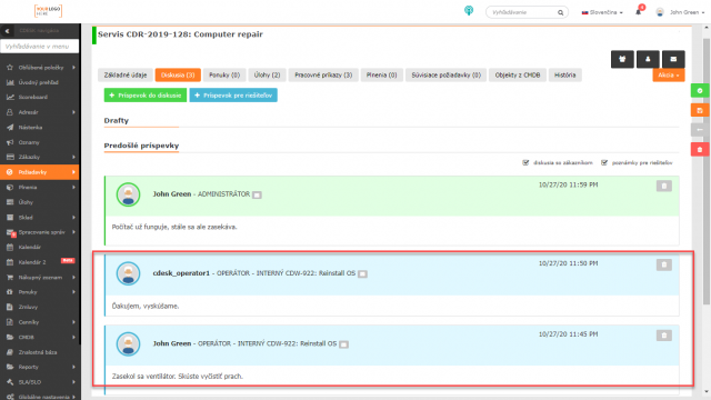 Interná diskusia z pracovného príkazu medzi príspevkami na požiadavke