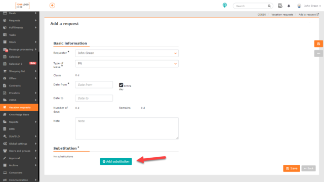 Form for creating a request and button for setting the substituting person