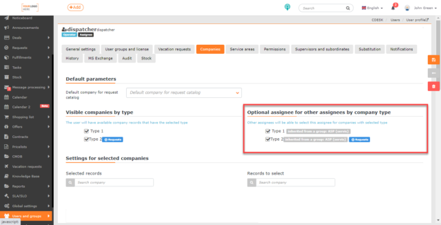 Group management of assignee selection by company type and category