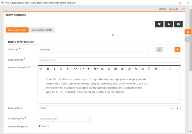 Form for adding a request with pre-filled fields according to the email