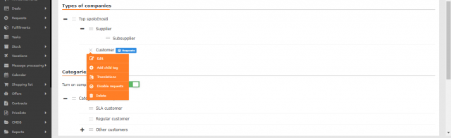 Kontextové menu na editáciu a odstránenie typu spoločnosti