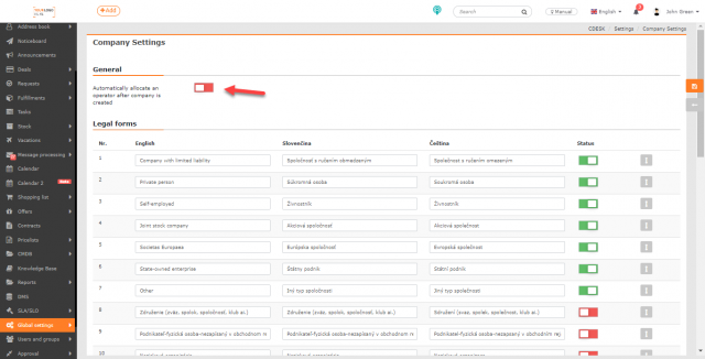 Nastavenie Automaticky prideliť operátora po vytvorení spoločnosti