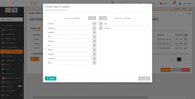 Select columns to export deal tasks