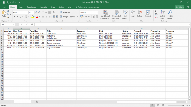 XLS report of deal tasks