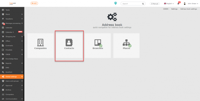 Location of the Contacts module under the settings of the Address Book module