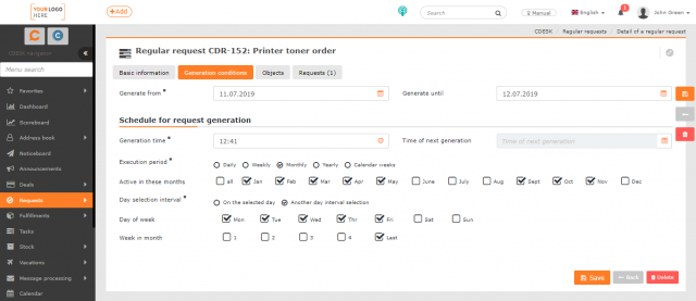 Selecting days of the week and weeks of the month to generate the request 