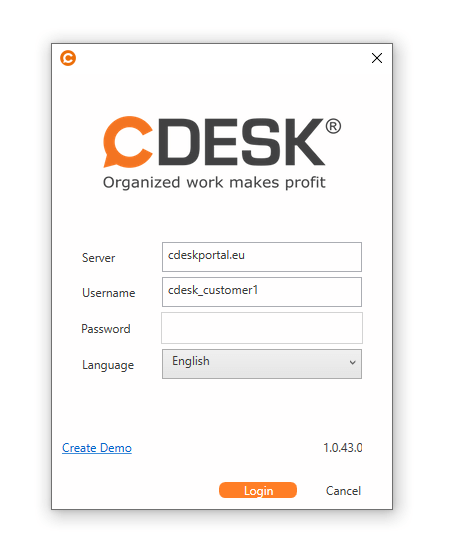 CDESK client login screen