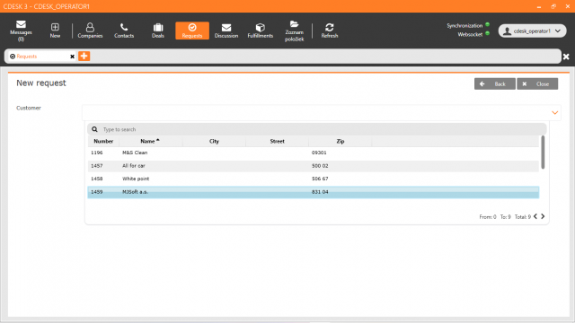 CDESK klient – výběr zákazníka při tvorbě požadavku přes katalog požadavků