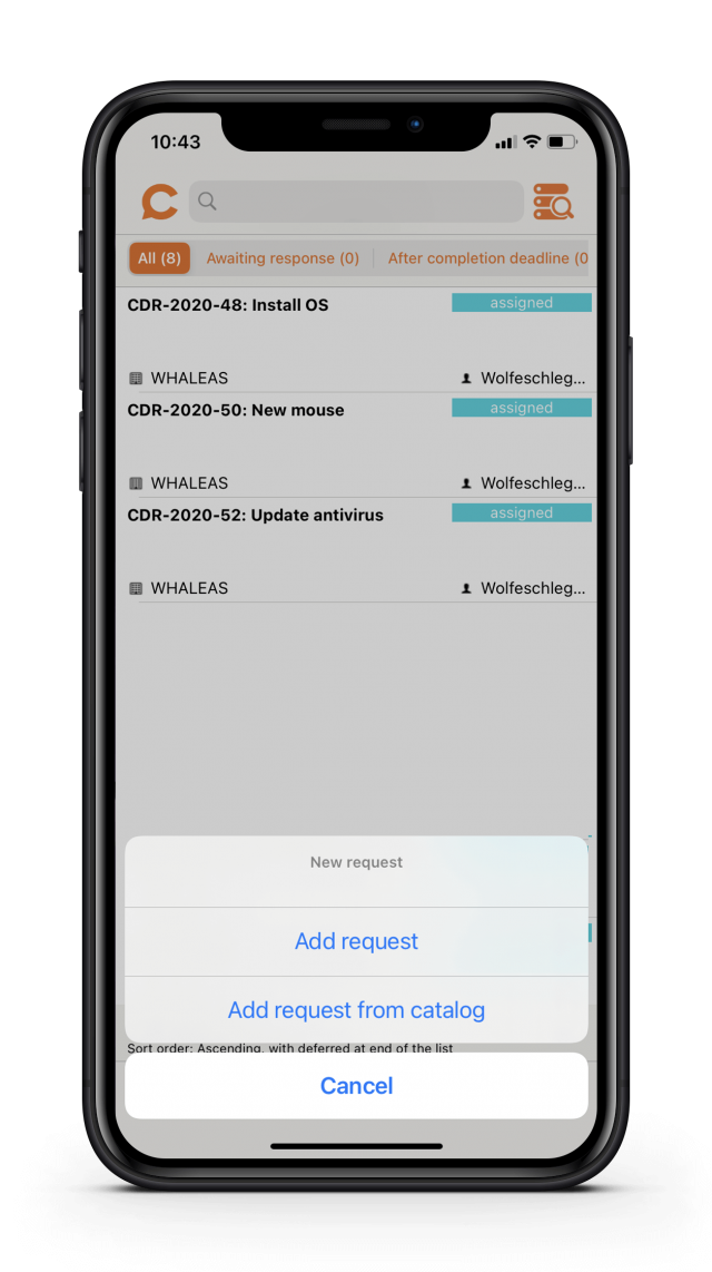 Tlačítka pro přidání požadavků v mobilní aplikaci CDESK