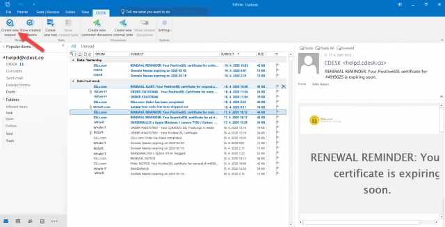 Tlačítko pro vytvoření nového požadavku přes Outlook