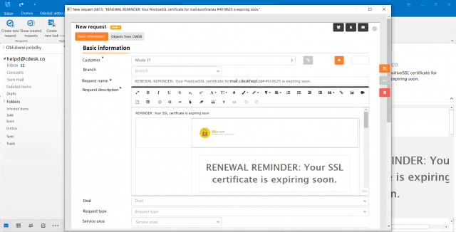 Tvorba požadavku přes Outlook Plugin