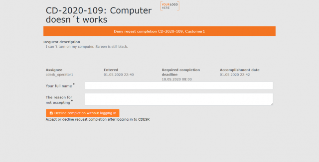 Formulář pro zamítnutí ukončení požadavku bez přihlášení do CDESKu