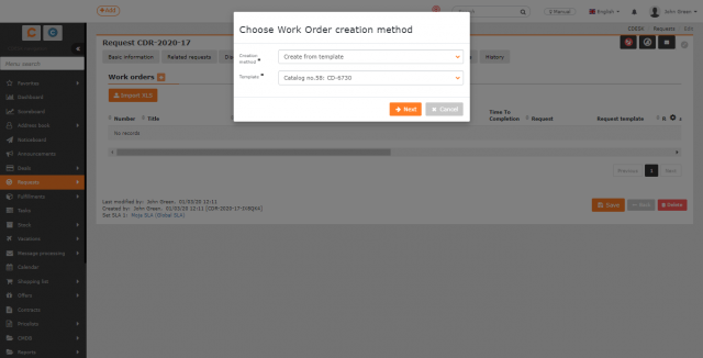 Create a work order from a work order template