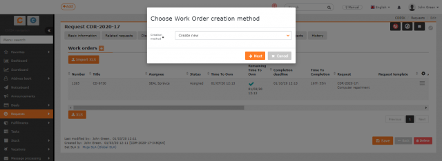 Create a new work order on the request