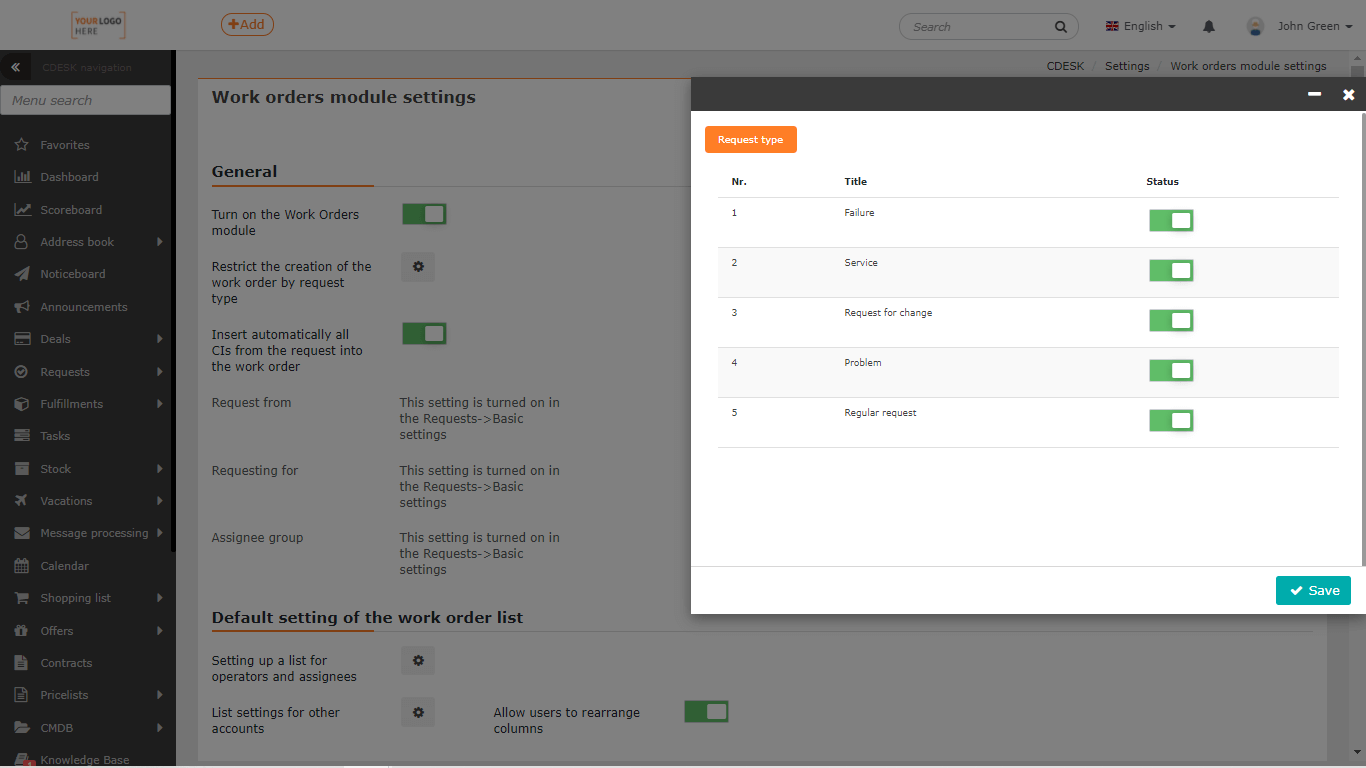 Work Orders – Settings - CDESK