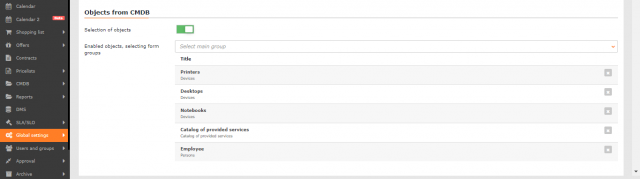 Nastavenia objektov z CMDB a výber povolených skupín
