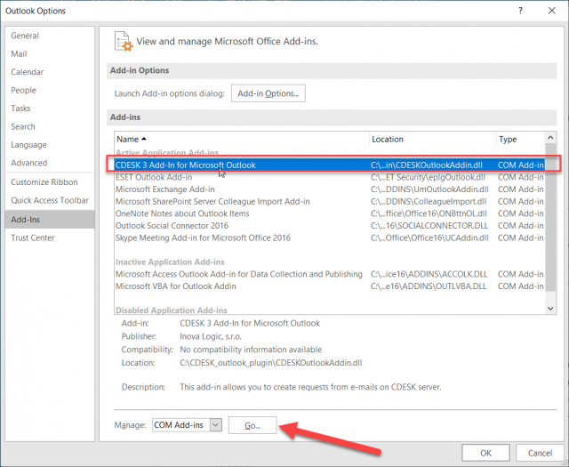 CDESK Outlook Plugin medzi Outlook doplnkami