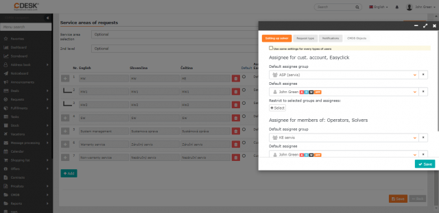 Priradení riešitelia pre oblasť služby. Osobitné nastavenie pre riešiteľov pre zákaznícke konto, Easyclick a pre riešiteľov členov skupín Operátori, Riešitelia.