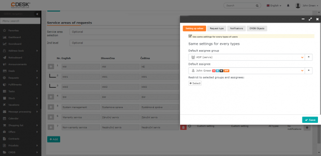 Priradení riešitelia pre oblasť služby. Zjednotené nastavenie pre riešiteľov pre zákaznícke konto, Easyclick a pre riešiteľov členov skupín Operátori, Riešitelia.