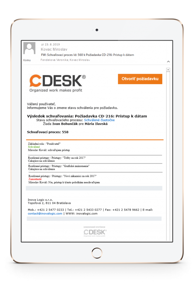 Mailová notifikácia k schvaľovaciemu procesu