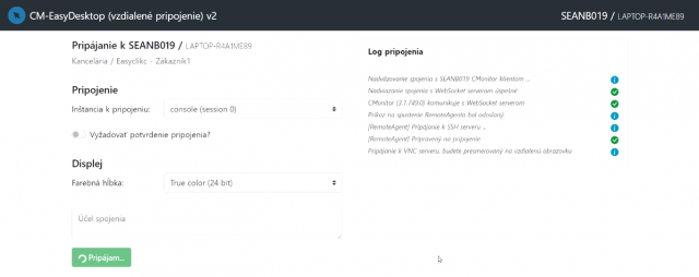 Prihlasovacia obrazovka pre pripojenie prostredníctvom CM-EasyDesktop