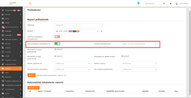 Prepínač pre aktiváciu reportu požiadaviek podriadených používateľov