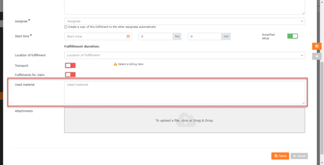 Records of used material in the fulfillment