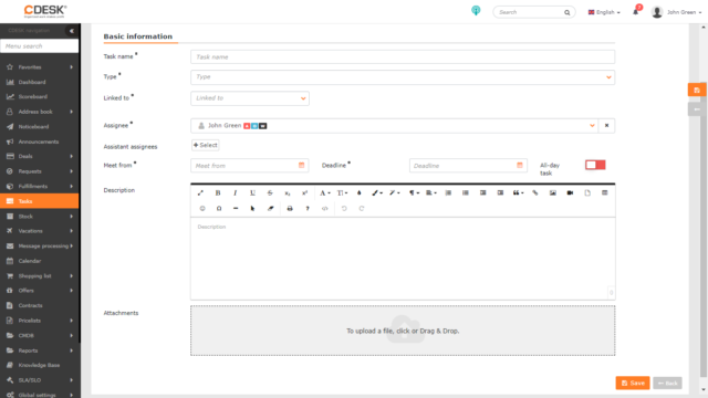 Form for entering a task