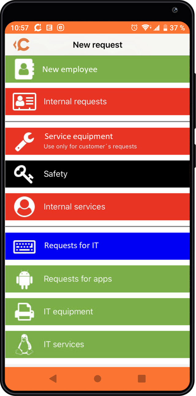 The catalog of requests in CDESK mobile application running on Android operating system