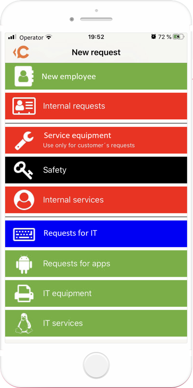 The catalog of requests in CDESK mobile application running on the iOS operating system