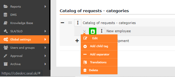 The view of the context menu when setting categories for the catalog of requests