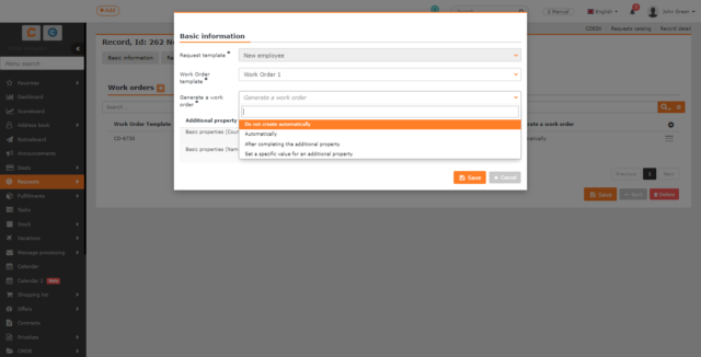 Work order generation settings in the request template
