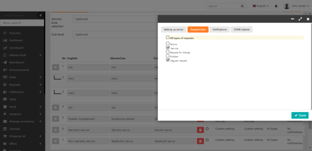 Setting the request type for a service area