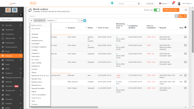 Conditions for filtering in the list of work orders