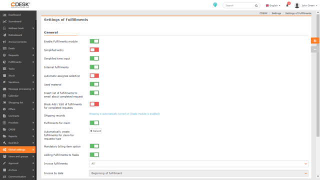 Global settings of fulfillments