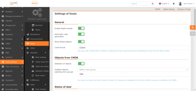 General settings of deals