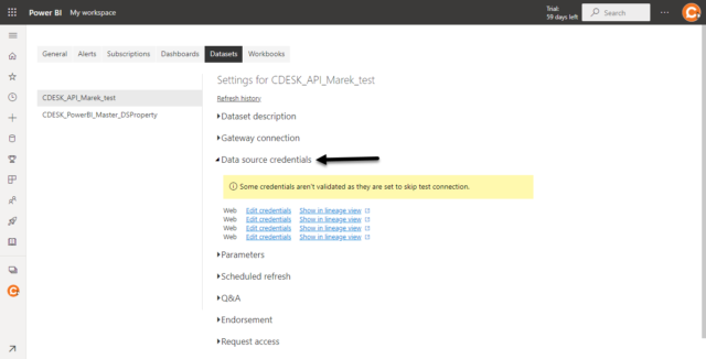 Setting the credentials to the data source