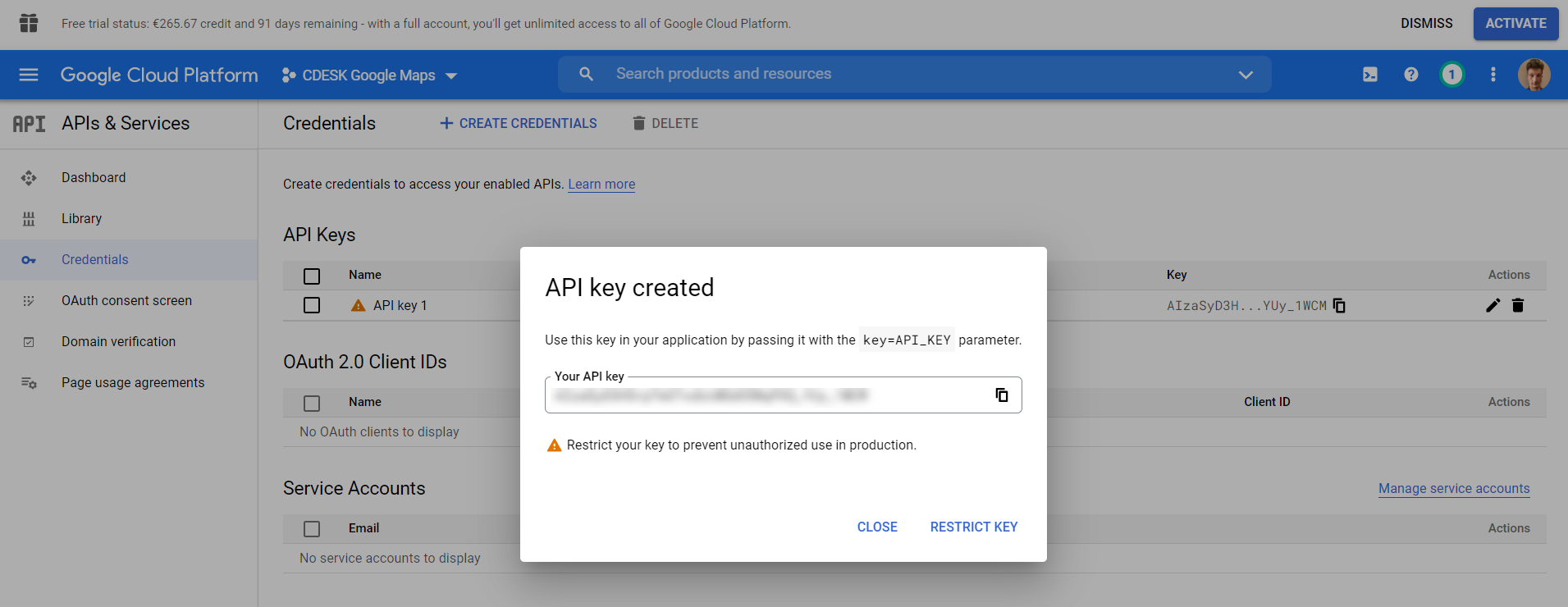 Obrázok: Google API key