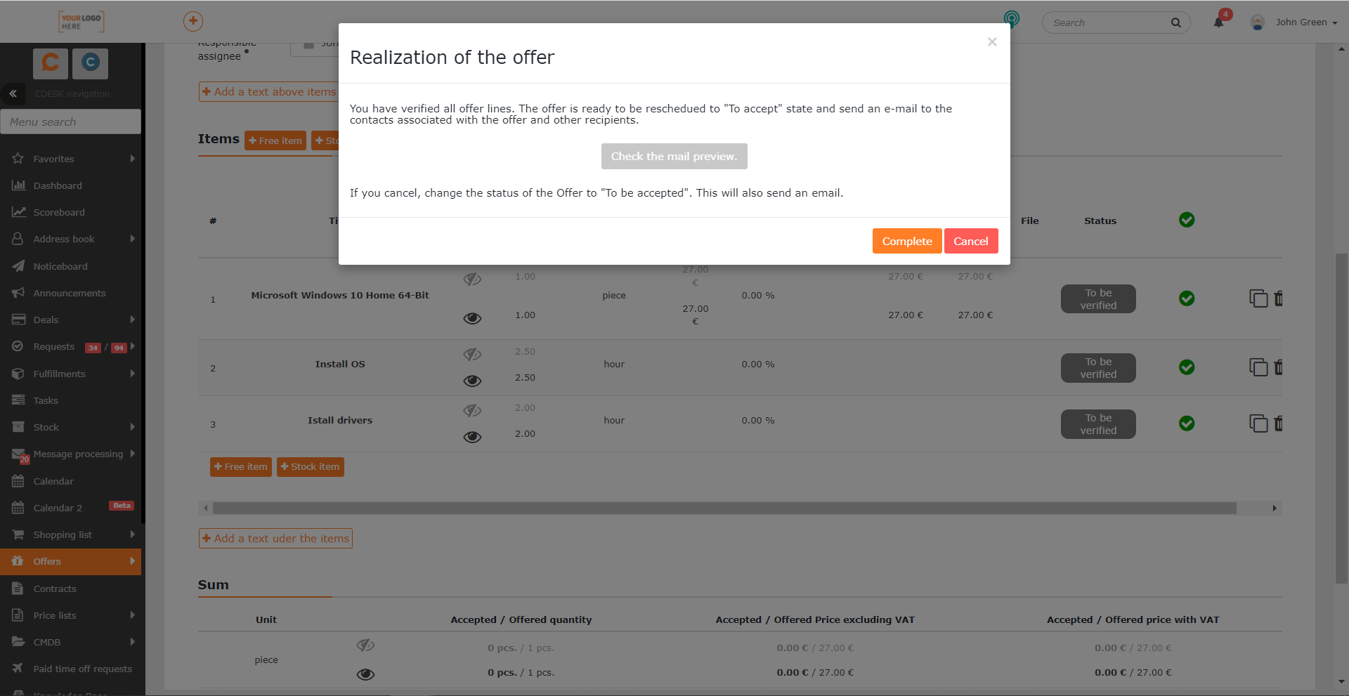 Modal window that appears after verifying the offer