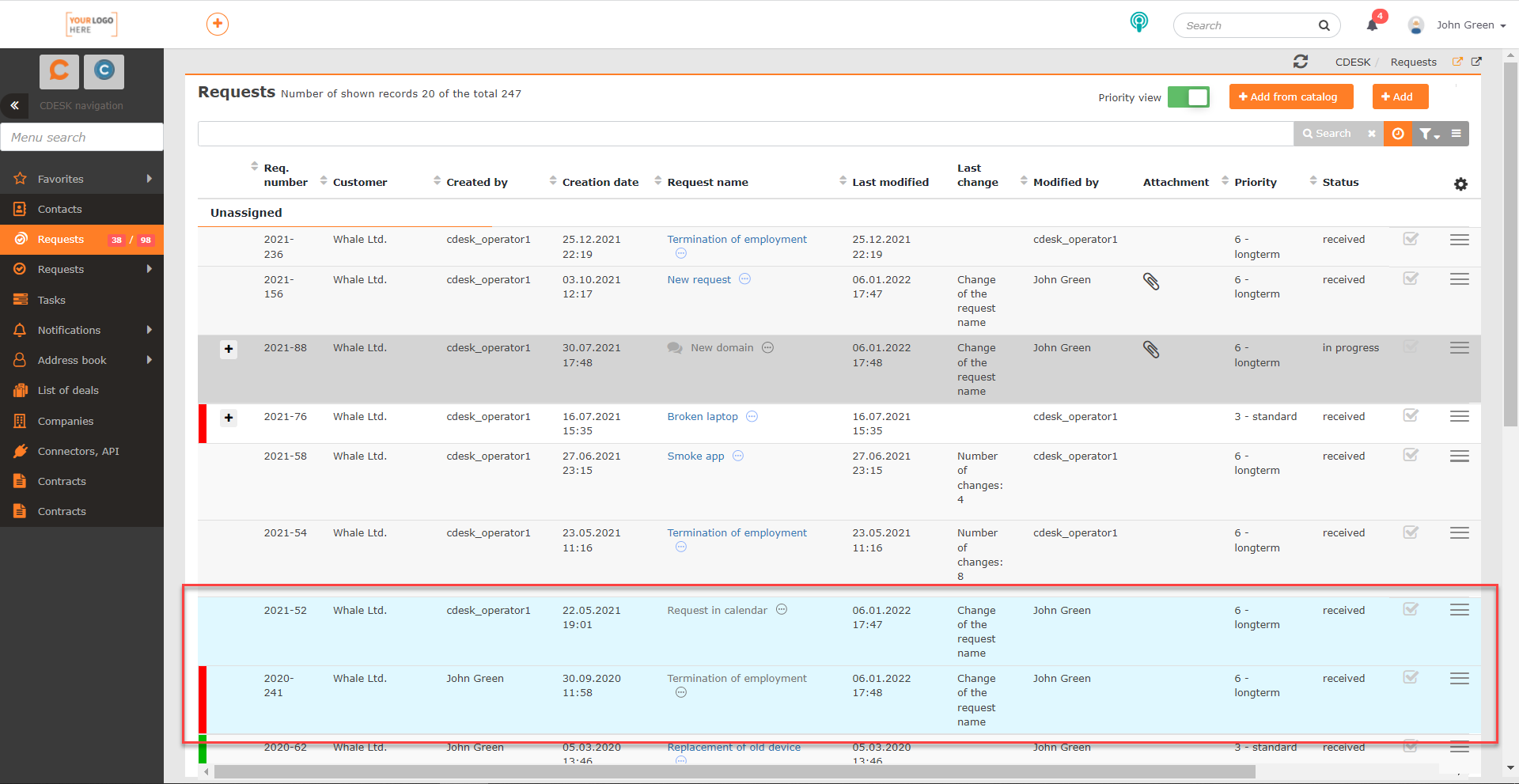 Figure: Color differentiation of internal requests from ordinary ones