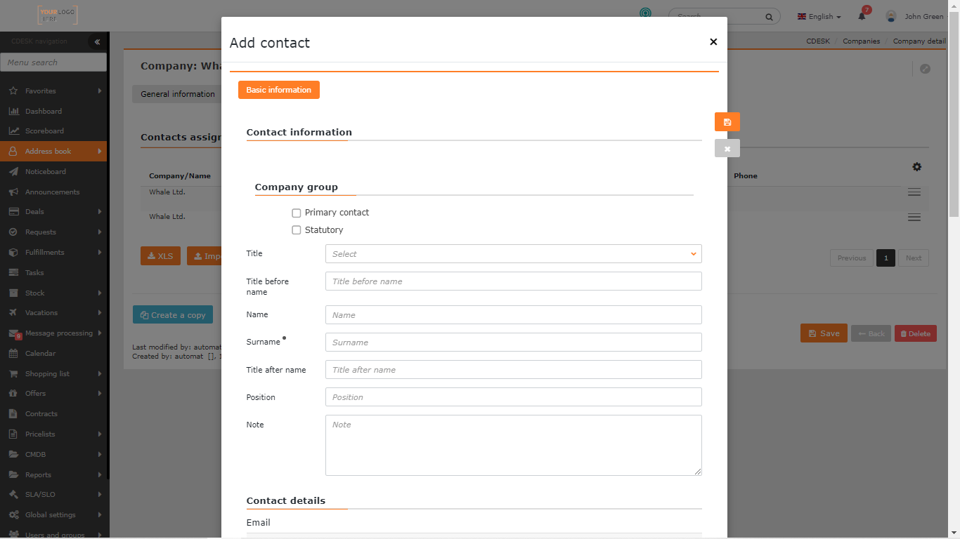 Form for adding contacts