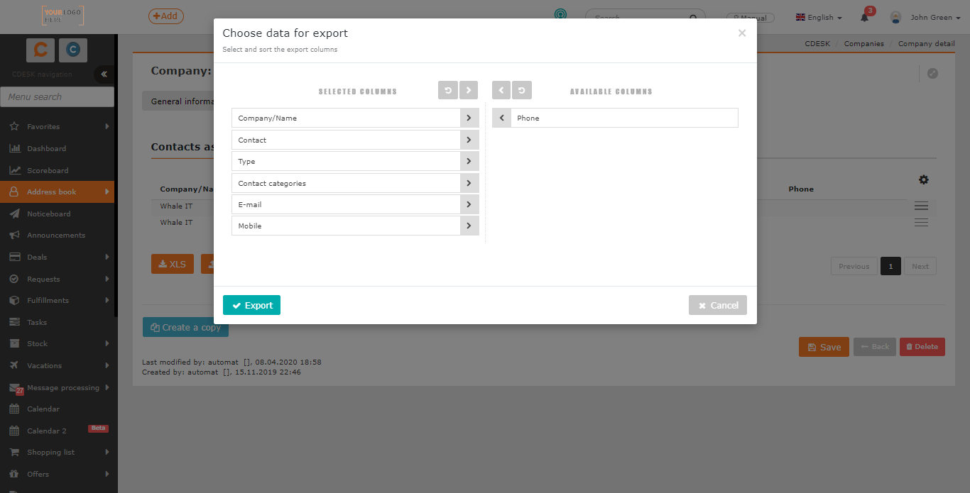Select columns for the export of contacts assigned to the company 