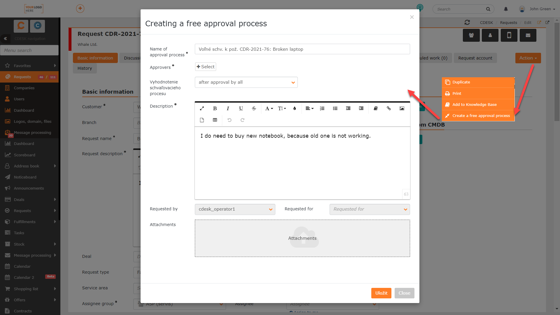 Creating a free approval on a request