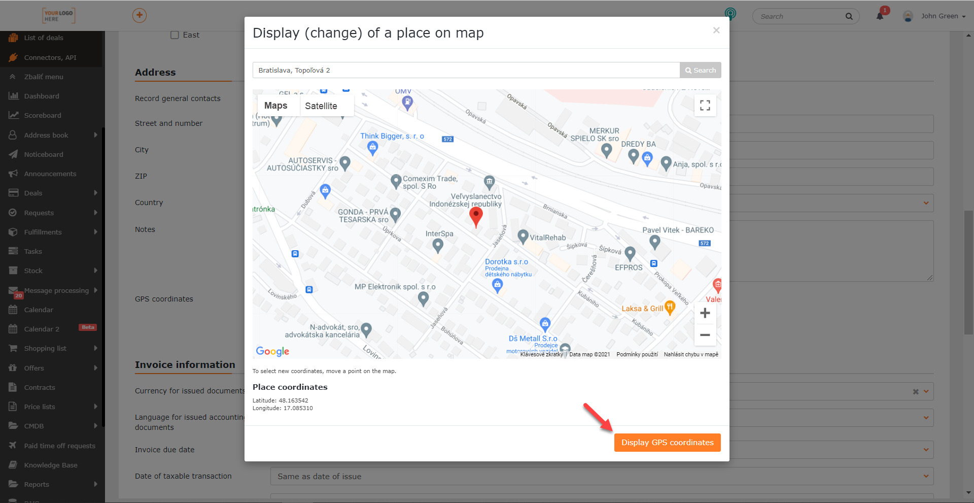 Zobrazení společnosti na mapách a tlačítko pro získání GPS souřadnic
