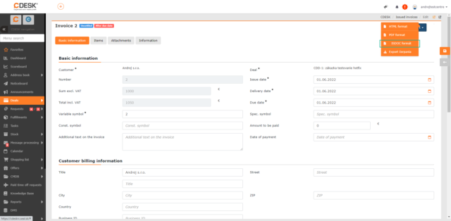 Exportovanie vystavenej faktúry vo formáte ISDOC