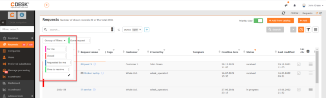 Skupina filtrov v zozname požiadaviek